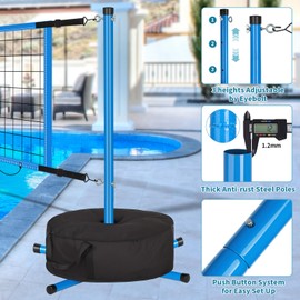 Inground/Above Ground Pool Volleyball Net Set with Ultra Stable 76LB Sandbag Base, 15-27ft Adjustable Net, 2 Standard Balls, Pump & Carry Bag - Easy Setup with 3 Height Settings
