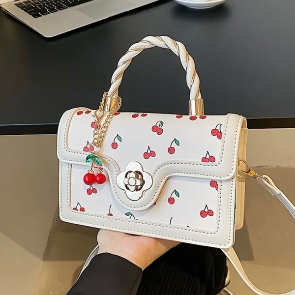 Women's Cherry Print Handbag with Zipper Closure designer bags -