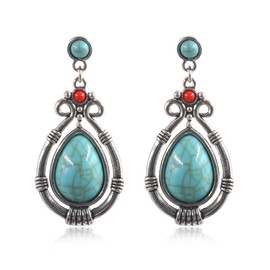 MALOYANVE Long Vintage Bohemian Hoop Earrings for Women Unique Retro Ethnic Round Simulated Turquoise Dangling Drop Alloy Statement Earrings Jewelry for Birthday/Party/Christmas Gifts (Waterdrop Turquoise)