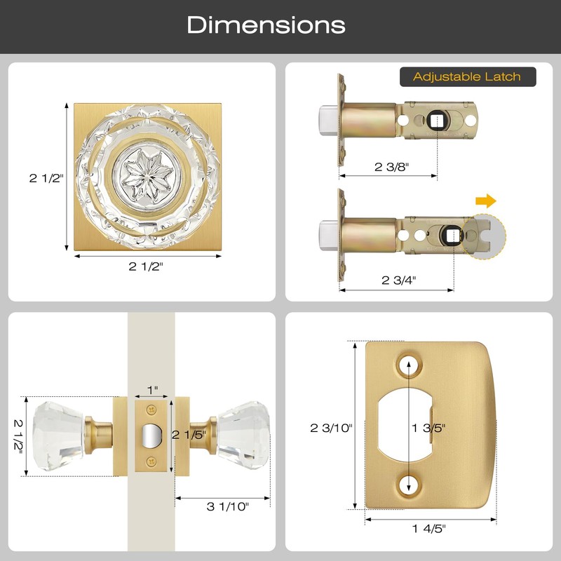 EHOMEWARE Hall/Closet Passage Door Knobs, 2 Pack Brass Crystal Handles,