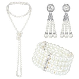 Maitys 3 Pcs 1920s Pearl Jewelry Set Includes Vintage Flapper Earrings Multilayer Imitation Pearl Necklace Bracelet for Women(Elegant)