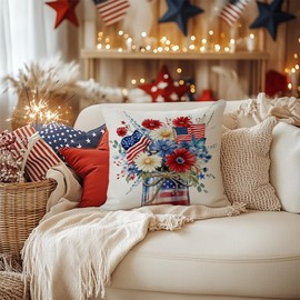 AACORS 4th of July Pillow Cover 18x18 Inch Floral Mason Jar Decorations Patriotic Holiday Pillow Case Independence Memorial Day Decor for Home Sofa Couch AA712-18