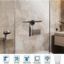 Quntis Jalador para Vidrios, Escobilla de Goma para Limpieza con Ganchos a Juego Apoyo y 1 Escobilla Goma Repuesto, Limpiacristales de Ducha Acero Inoxidable para Baño, Ventanas y Cristales, Negro