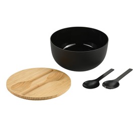 Kesper Salad Bowl Set, 24 cm, Plastic Bowl with Bamboo Lid and Salad Servers, Black