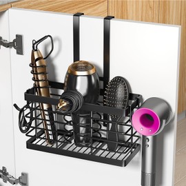 Sevenblue Hair Tool Organizer, 2026 Upgraded 3-in-1 Universal Hair Dryer Holder, Adjustable Height Metal Blow Dryer Holder Wall Mounted/Over Cabinet Door/Free-Standing (Black)