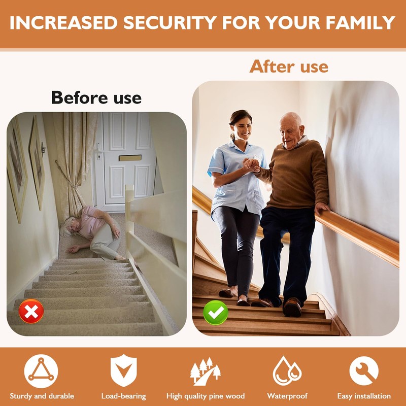 4FT Solid Wood Stair Handrail for Indoor Stairs, Outdoors Stair