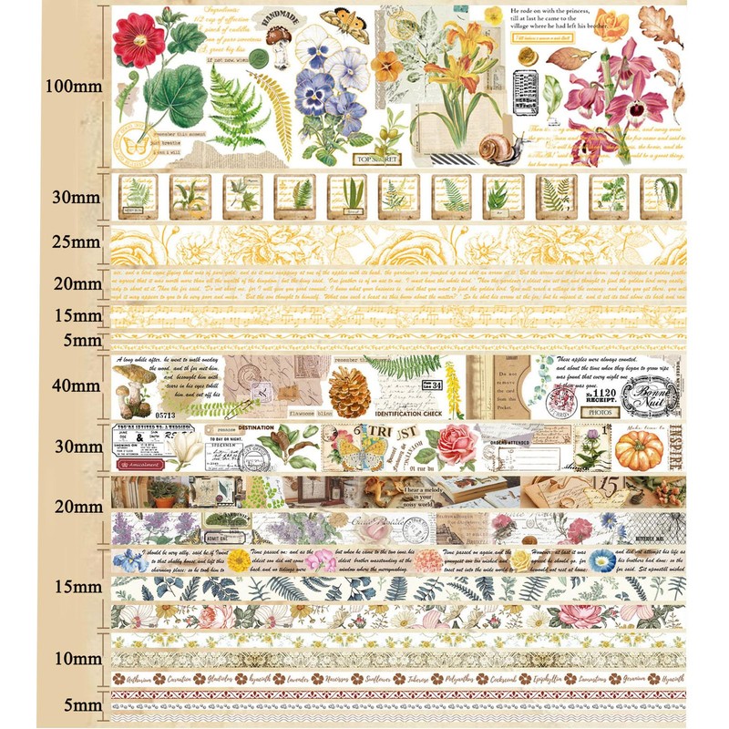 Lveofielygi Jungle Story Washi Tape 20 Rolls Set,5/10/15/20/25/30/40/100mm Wide,Ferns,Flowers,Butterfly Element,Gold