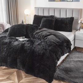 Uhamho Faux Fur Velvet Fluffy Bedding Duvet Cover Set Down Comforter Quilt Cover with Pillow Shams, Ultra Soft Warm (Black, King)