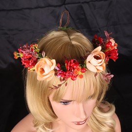 Efficewery Boho Floral Crown for Women, Adjustable Fabric Flower Hair Crown Headband Handmade Faux Silk Flower Hair Accessory Weddings Festivals Photoshoots (Red, Adjustable)