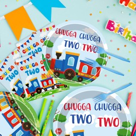Hokinaa Chugga Chugga Two Two Tableware - 96 Pcs Train Themed 2nd Birthday Decorations, Railroad Transportation Disposable Paper Plate Napkin Fork, 2 Years Old Party Supplies for Boy, Serves 24 Guests