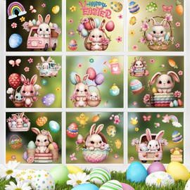 Zindoo 9 Sheet Easter Window Stickers Eggs Bunny Chicks Easter Window Clings, 75Pcs Double Sided Easter Window Decorations, Reusable Static Cling Stickers for Glass Window Doors Party Decoration