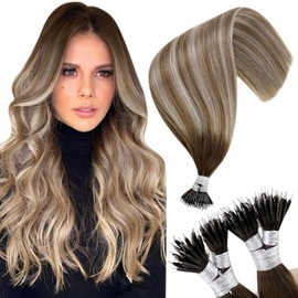 Hetto Nano Hair Extensions Human Hair Ombre Brown Nano Ring Hair Extensions Human hair Brown Fading to Light Brown with Light Blonde Nano Link Hair Nano Bead Hair Extensions 18inch 50g/50s