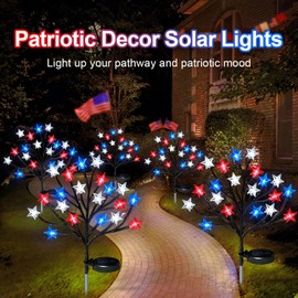 2Packs 4th of July Solar Star Tree Lights Decorations Outdoor, Waterproof Red White and Blue Lights for Fourth of July Decor, Patriotic Decorations for Garden Yard Pathway Patio