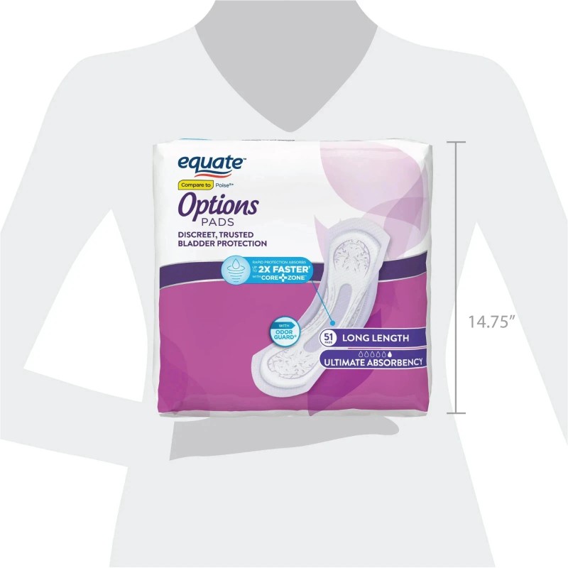 Equate Options Women's Incontinence Pads, Ultimate Absorbency, Long Length 51ct.
