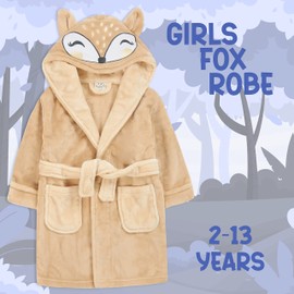 Metzuyan WS-AW22 Kids Girls Fox Dressing Gown 3D Face Hooded Robe Beige Bathrobe 9-10 Years