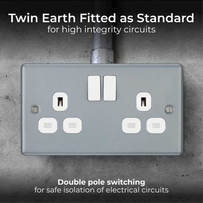 BG Electrical Double Switched Power Plug Wall Socket, Metal Clad,