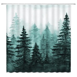 ZNLSU Misty Forest Shower Curtain Pine Tree Watercolor Abstract Foggy Jungle Mountain Teal Plant Rustic Mysterious Nature Scenery Landscape 70" WX70 H Bathroom Decor Fabric Curtain with Hooks
