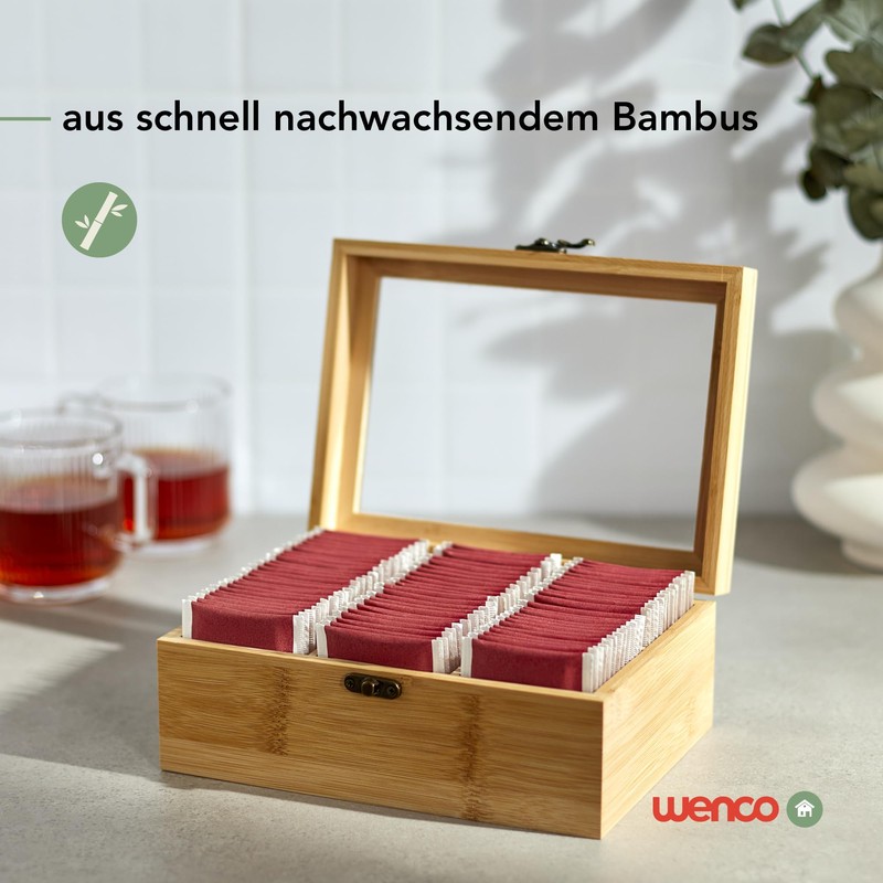 wenco 555128 Tea Box, 6 Compartments, Bamboo Tea Storage, Tea