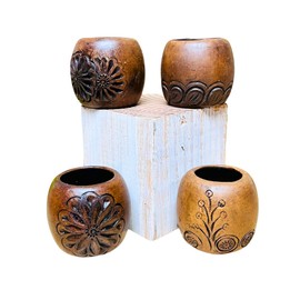 Set of 4 Carved Barrilito Tequilero - Barro Café Oaxaca - Clay Shot Glasses - Guelaguetza Designs