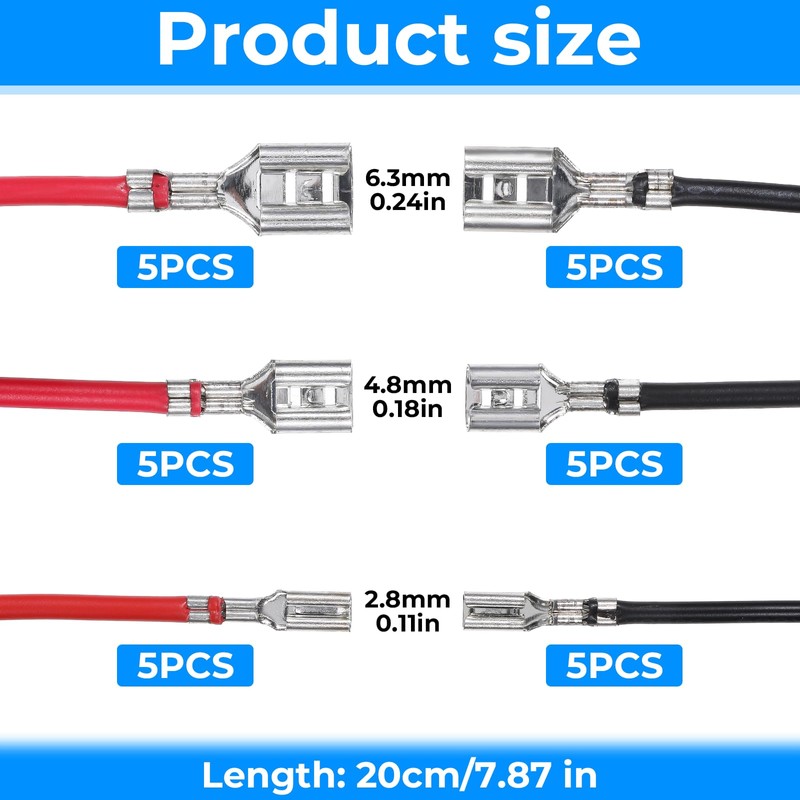 30Pcs 2.8mm 4.8mm and 6.3mm Female Spade Crimp Terminal with
