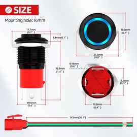 Joinfworld 12V 20 Amp Heavy Duty Latching Push Button Switch Waterproof ON Off Switch 16MM Pushbutton Switch 12 Volt Blue Led with Pre-Wired for Marine Boat Truck Car Motorcycle