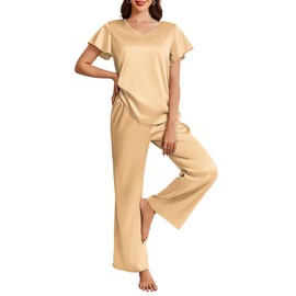 Ekouaer Silk Pajamas Satin 2 Piece Short Sleeve Top and Long Pants Pj Sets Silky Sleepwear Loungewear Khaki Medium