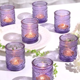 24pcs Purple Votive Candle Holders for Table Centerpieces, Glass Tea Lights Candle Holder for Bridal Shower, Baby Shower Decrations, Boho Tea Party Purple Decor, Purple Gifts for Women