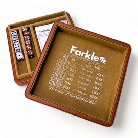 Luck Lab Farkle Dice Tray and Storage Case - Includes Embedded Scoring Combinations, 2 Sets of 6 Pearl Dice, 40 Sheet Score Pad and Pen Holder for The Classic Family Game (Brown)