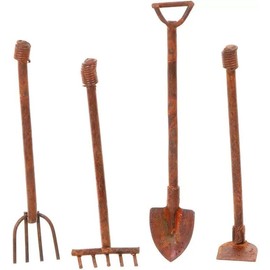 4 Pcs/Set 1:12 Mini Rusty Shovel Hoe and Pitchfork Fairy Garden Miniature Dollhouse Garden Tools Accessories Furniture Ornaments Micro Landscape Decor Landscape (1.96~2.16Inch Long x 0.39Inch Wide)