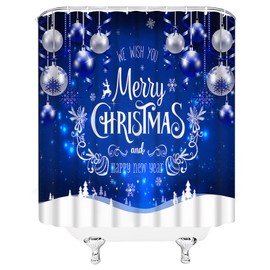 WANVYON Merry Christmas Shower Curtain Blue Silver Xmas Balls Snowflake Fantasy Snowy Winter Holiday Bathroom Decor Polyester Curtains with Hooks