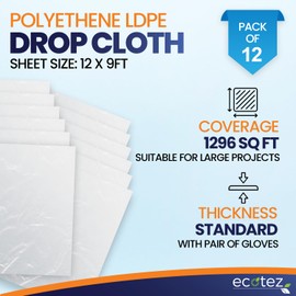Ecotez 12 Pack 12 x 9 ft Extra Large Painter's Drop Cloth - Light & Durable Dust Cover - Clear Plastic Sheet - Paint Drop Cloth - Plastic Floor Protector