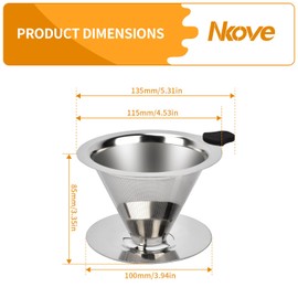 NKOVE Pour Over Coffee Dripper Stainless Steel Reusable Filter Paperless Cone Coffee Maker Dripper for 1-2 Cup