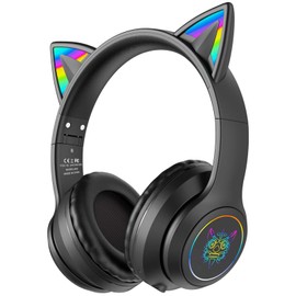 SIMGAL Bluetooth Cat Ear Headphones for Kids & Adults, Wireless & Wired Mode Foldable Headset with Mic - Clear Sound Quality - RGB LED Light, for Girls School Gaming, for Phone/Laptop/PC/Tablet, Black