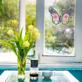 CHINMODE Butterfly Suncatcher for Grandma with Pressed Pink Flower in Glass and Grandma Heart Charm Wind Chime Gifts for Grandma Mother's Day Grandma's Birthday (Mom)
