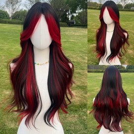 SMILCO | 24-inch | Brown Orange Highlight | Wavy Middle Part Hair For Women |  Synthetic Full Machine Wigs|SM5029 - Color: Red Highlight