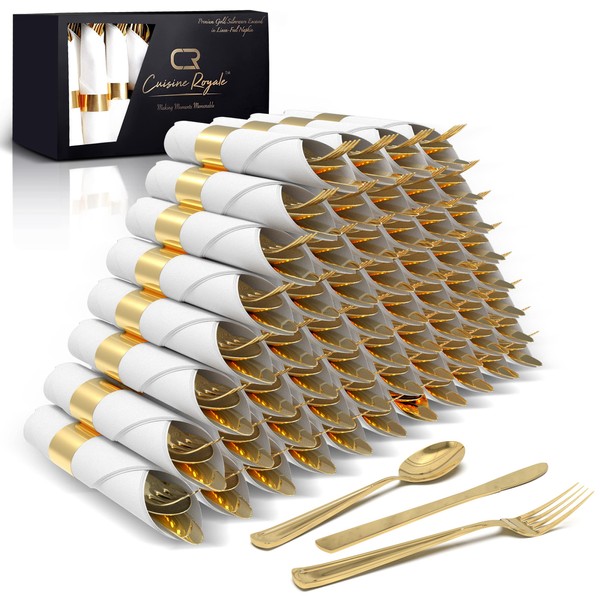 DREAM DECKER Gold Pre Rolled Napkins and Cutlery Sets for Luxury Events (60 Pack) Disposable Gold Plastic Silverware Individually Wrapped
