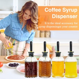 Oudizz Syrup Dispenser Bottles Set,4 pcs 7oz Glass Coffee Syrup Bottle,Coffee Bar Accessories with Metal Pour Spout Ideal and labels for Coffee Syrups,Coffee bar