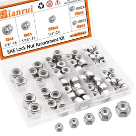 Dianrui 62Pcs 304 Stainless Steel SAE Lock Nuts Assortment Kit, Nylon Insert Hex Locknut 1/4-20 5/16-18 3/8-16#10-32#10-24 for Lock Washers