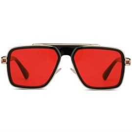 Trendy Retro Sunglasses for Men Women Classic Stark Vintage Shades 70s Italian Fashion Square Metal Glasses (Red Lens/Black Gold Frame, 56)