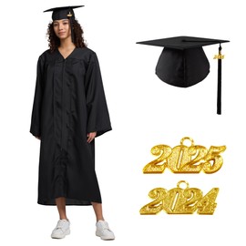 TngHui Unisex Matte Graduation Gown Cap 2024 2025 Year Charm for High School Rich in Color, Black Cap and Gown, 42(4'9"-4'11")