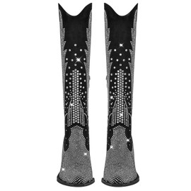 RONILURN Knee High Cowboy Boots for Women Cowgirl Western Boots Rhinestone Bling Pointed Toe Chunky Heel Pull On Fashion Shoes Tall Black Boot