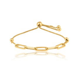 MAX + STONE Gold Plated 925 Sterling Silver Paperclip Bracelet for Women | Paperclip Bracelet Silver with Bolo Clasp | Hypoallergenic Adjustable Silver Chain Bracelet | 7.5 to 9.5 Inches