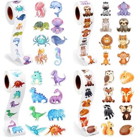 YJSPARKK 2000pcs Animal Stickers for Kids,4 Rolls 1 Inch Round Cartoon Animals Praise Stickers,32 Designs Dinosaur/Ocean/Forest Animal Sticker for Toddlers Kid, Home School Teacher Supplies
