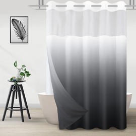Long No Hook Ombre Black Grey Shower Curtain with Snap in Fabric Liner Set, Modern Hotel Style Design for Bathroom, Double Layer Ringless with See Through Mesh Top Window, 71" x 77"