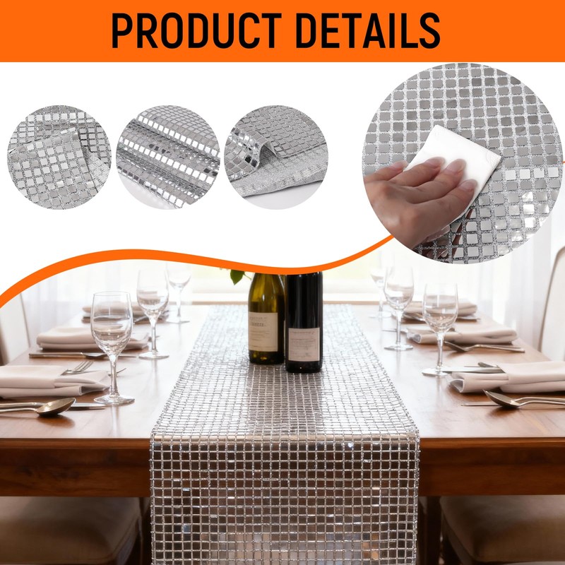 NALVXIN 12" x 72", 4 PCS, Silver Glitter Disco Table