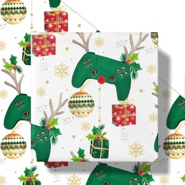RUSPEPA Gamer Christmas Wrapping Paper Roll, Mini Roll, Game Controller Deer, Holly and Ornament Design, White Green Gift Wrap for Kids, Boys, Teens, Holiday Gifts, 17 Inches x 16.4 Feet