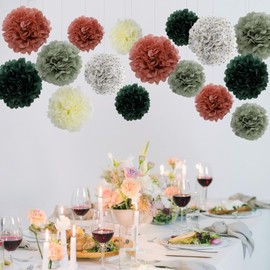 BestoFun Pack of 16 Sage Green Tissue Paper Pompoms Dark Green White Pompoms Decoration Beige Bean Pink Pompoms Decoration for Wedding Decoration Table Decoration Birthday Decoration Garden Party