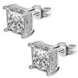 TATCAI 18K White Gold Plated Sterling Silver Princess Cut Square Cubic Zirconia Stud Earrings for Women Men Clear CZ Diamond Stud Earrings (7MM, White Gold)