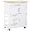 White Wooden Rolling Kitchen Cart with Storage Drawer 9-Bottle Wine