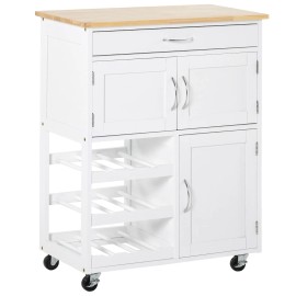 White Wooden Rolling Kitchen Cart with Storage Drawer 9-Bottle Wine Rack Door Cabinets Countertop Kitchen Islands Carts Productcolor: White Color